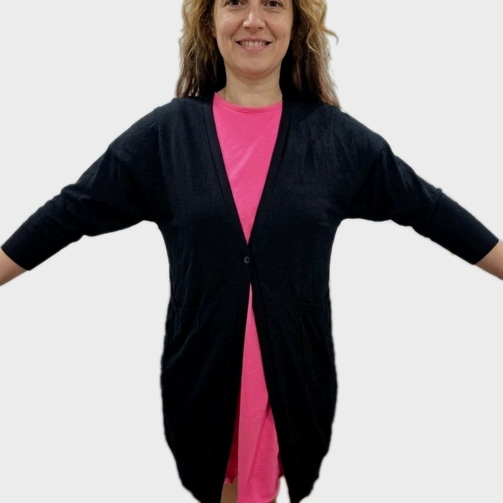 Uniqlo Black Rayon Blend Long Cardigan Sweater, Size M, Soft Knit